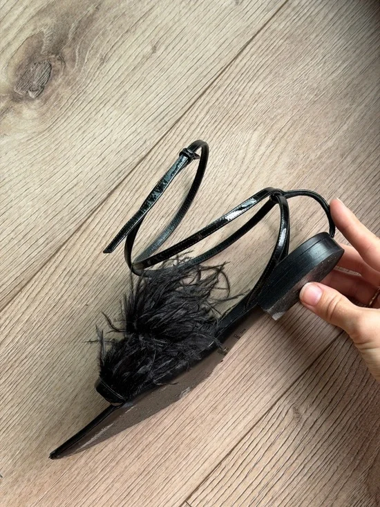 Saint Laurent Ostrich Black Feather-Trim Pointed sandals - Picture 8 of 17